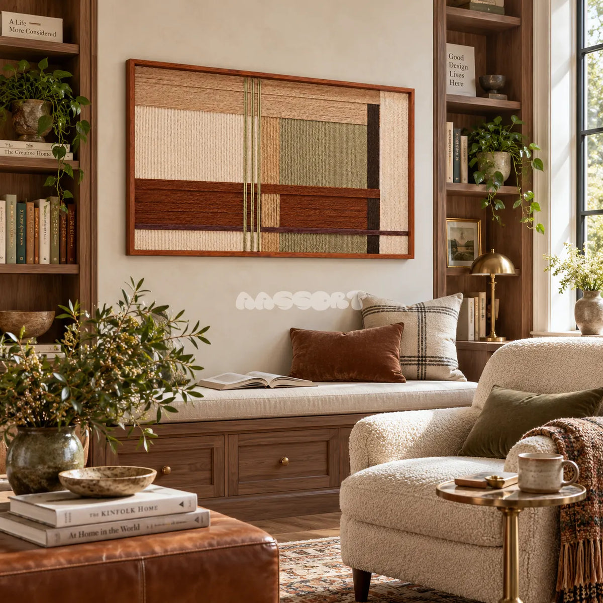 Amber Meadow RE090 framed fiber wall art in amber brown, cream and sage above a window seat in a warm reading nook