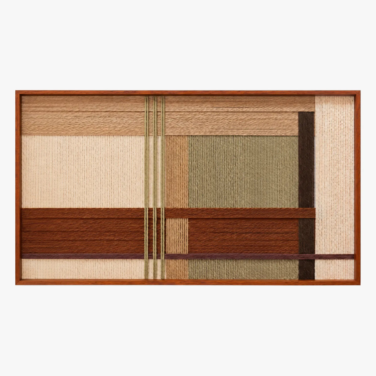 Front view of Amber Meadow RE090 framed geometric fiber wall art in amber brown, cream, beige, sage and dark brown