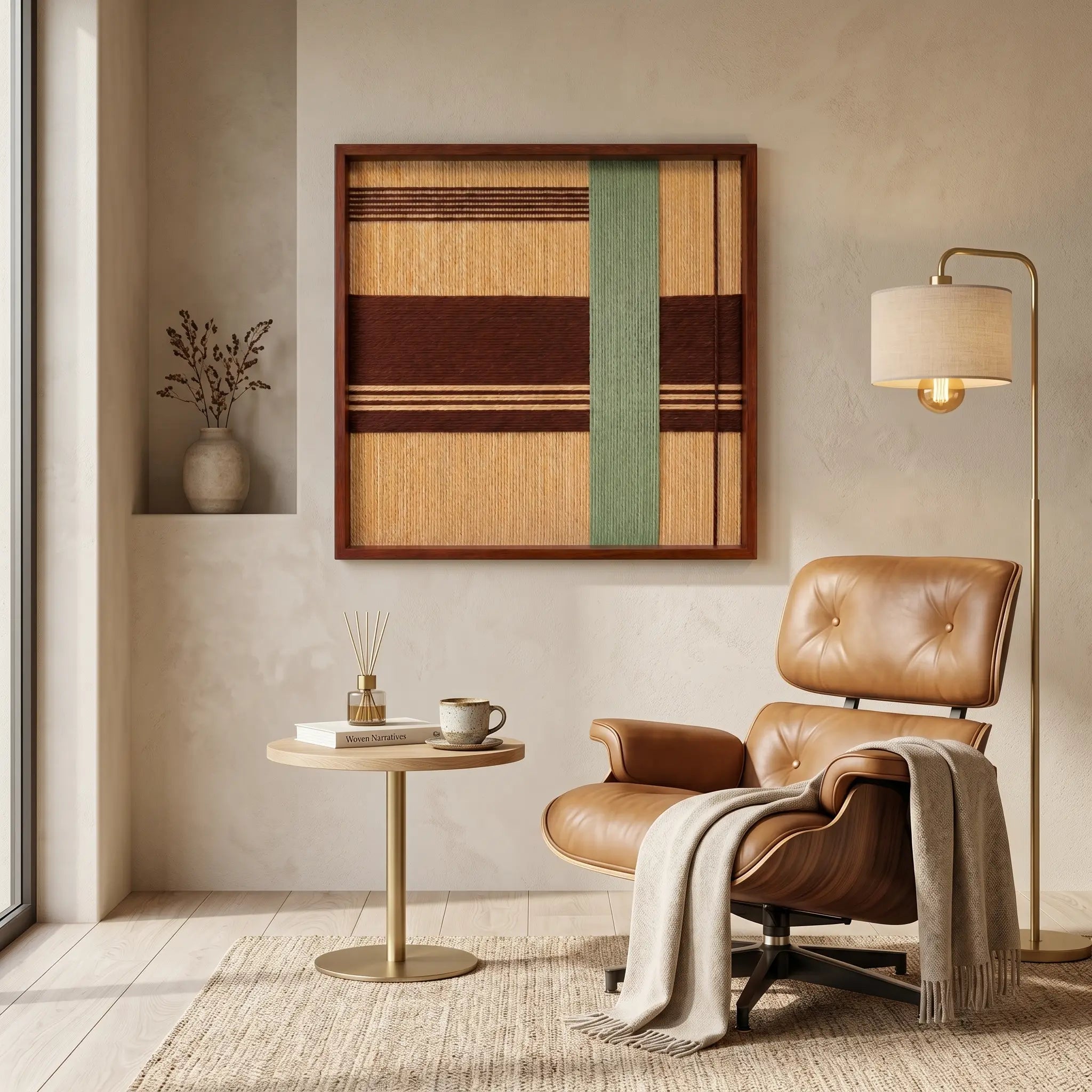 Framed amber and green textile wall art styled in a cozy reading corner above a classic brown leather lounge chair and round side table.