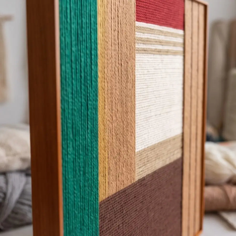 Close-up corner detail of the soft cotton cord fiber artwork highlighting textured green, brown, and tan vertical yarns in a sleek metal frame.