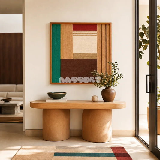 Autumn Breeze geometric yarn wall art displayed above a wooden console table in a sunlit modern entryway.
