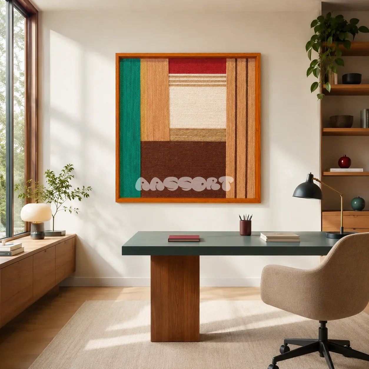 Autumn Breeze geometric yarn wall art displayed above a desk in a bright modern home office.