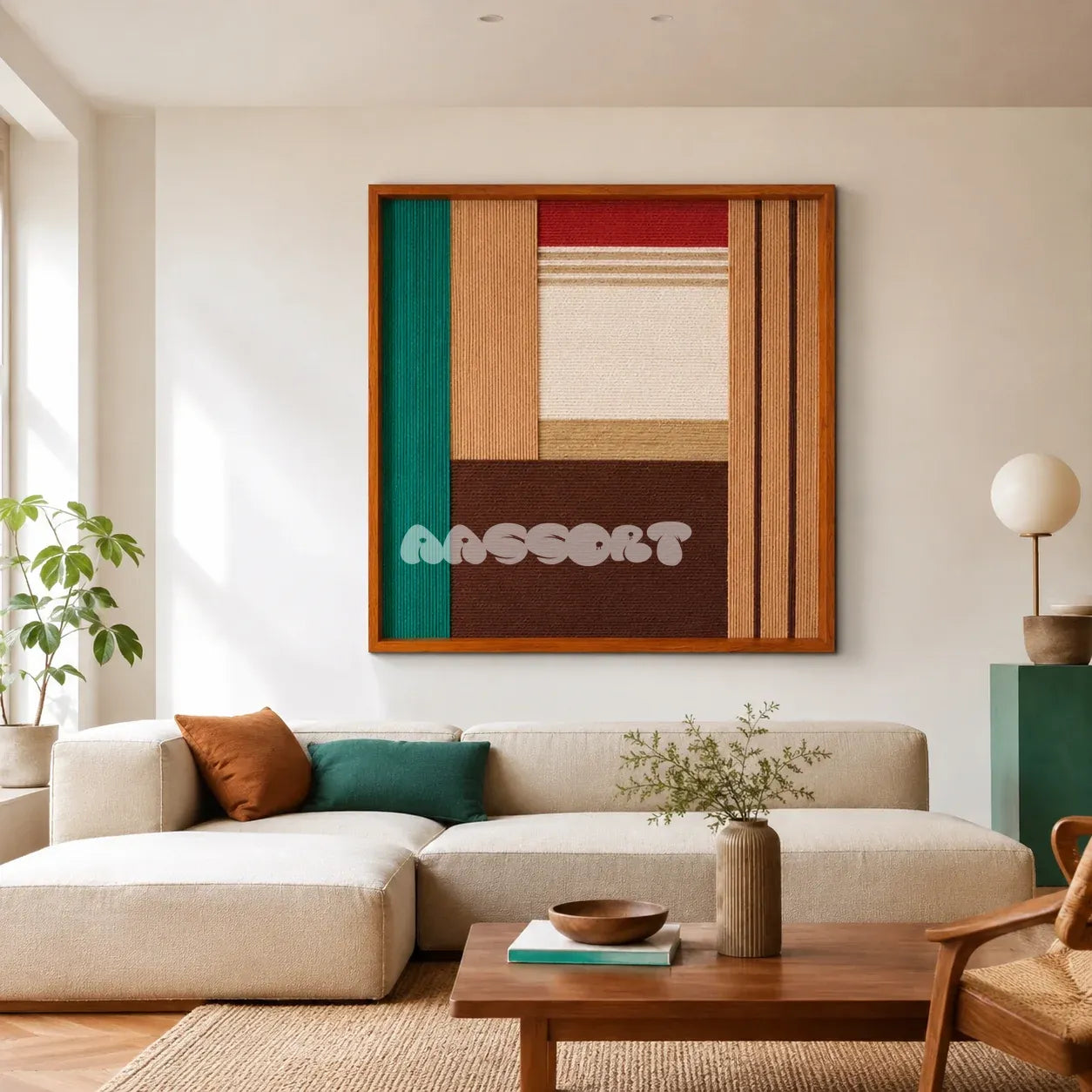 Autumn Breeze geometric yarn wall art displayed above a cream sectional sofa in a warm modern living room.