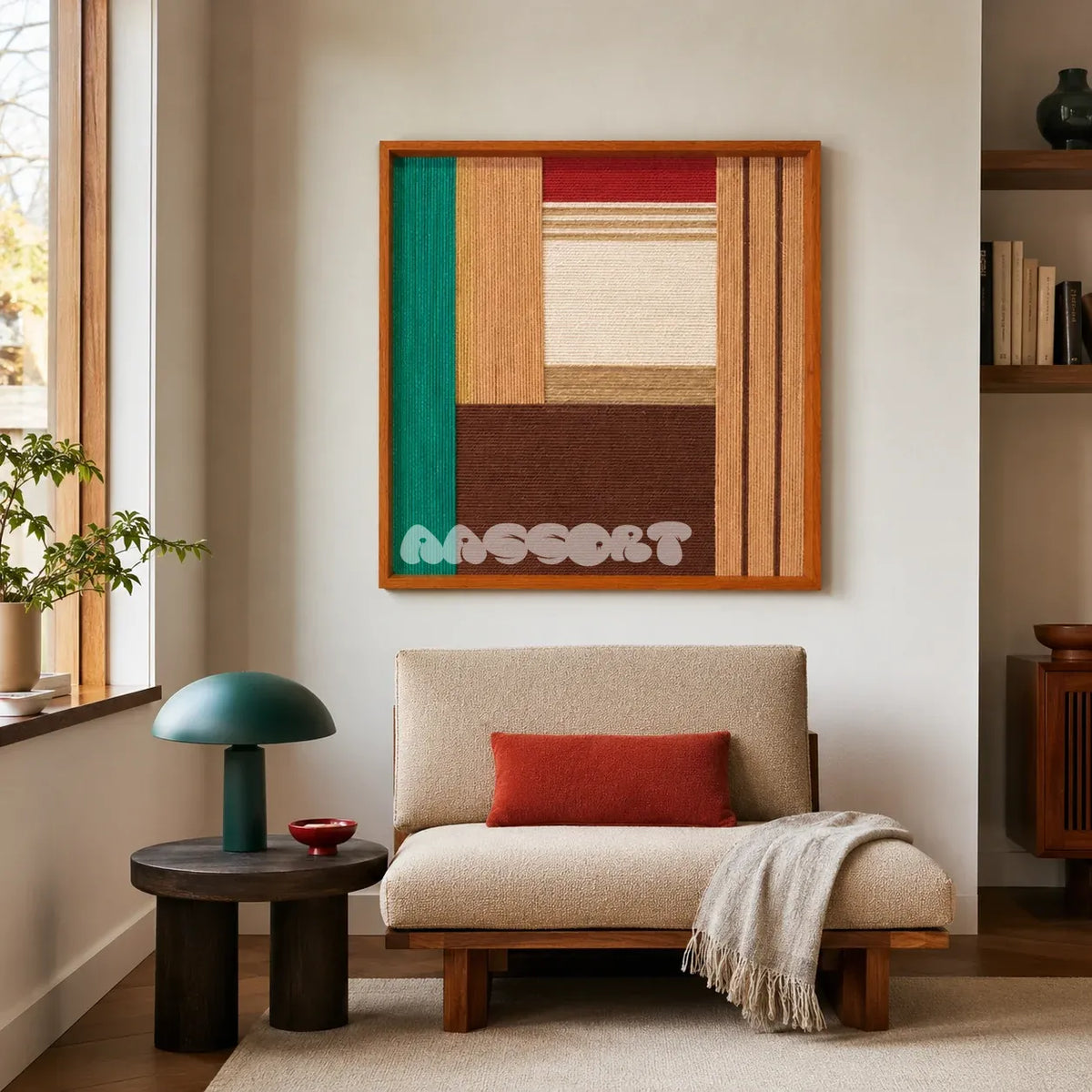 Autumn Breeze geometric yarn wall art styled above a cream lounge chair in a warm modern reading nook.