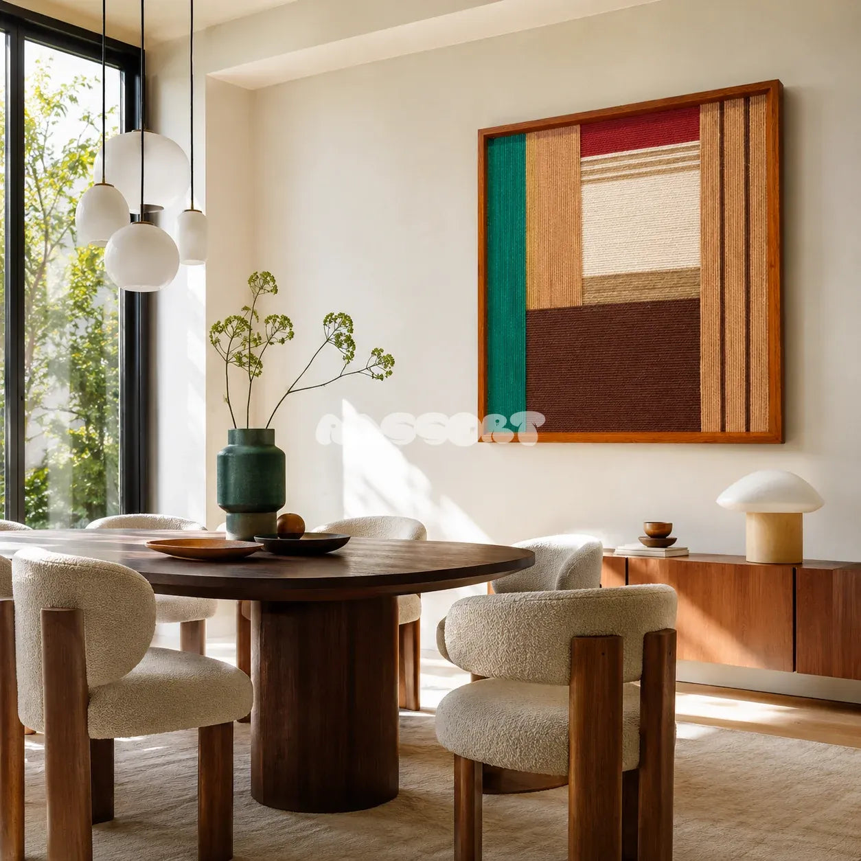 Autumn Breeze geometric yarn wall art displayed in a sunlit modern dining room with a round wood table.