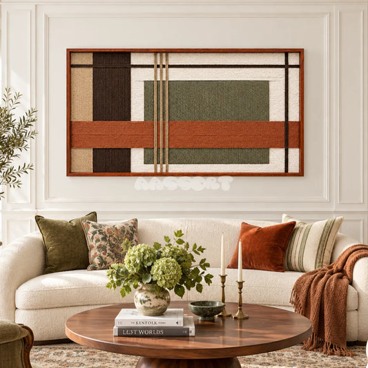 Autumn Passage RE092 framed fiber wall art in dark brown, cream, olive and terracotta above a sofa in a warm living room