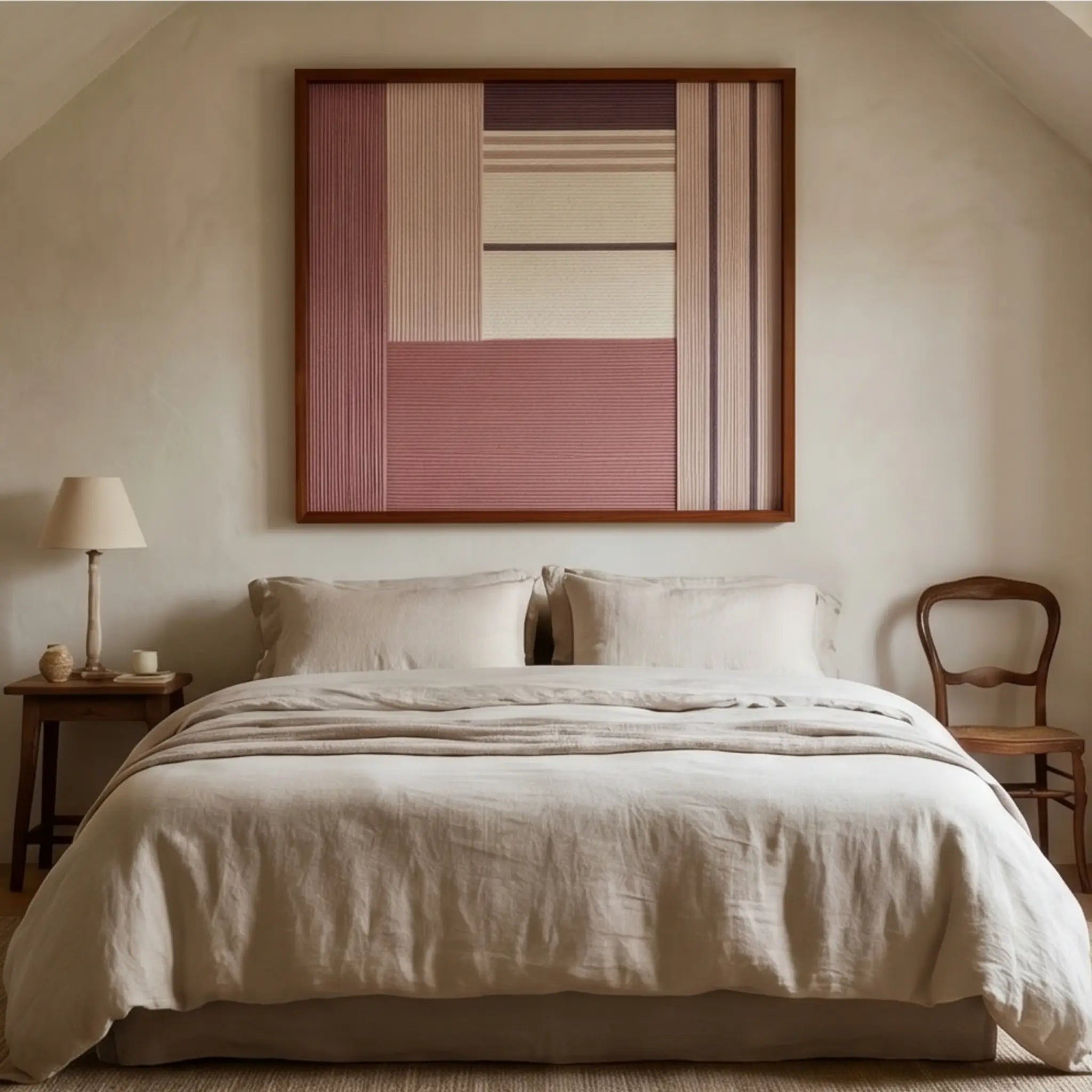 Beautiful square framed hand-woven textile wall art styled elegantly above a bed with neutral beige bedding in a serene, cozy bedroom.