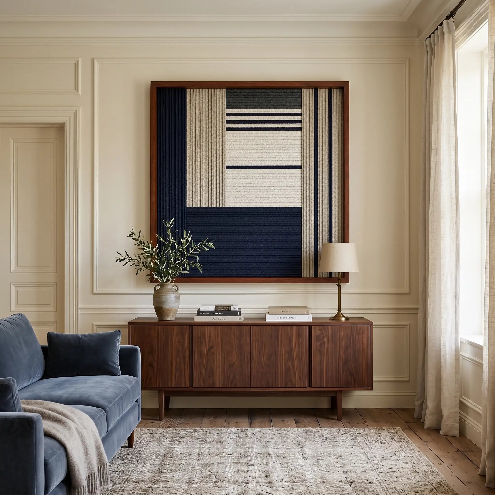 Large square Baltic Window hand-woven wall art hanging elegantly above a mid-century wooden credenza next to a navy blue sofa in a classic, softly lit living room.