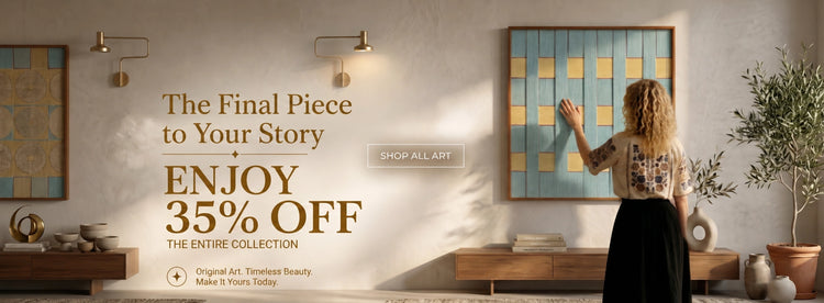 Modern cozy living room with a framed woven fiber art on the wall, brass lighting, wooden furniture, and 35% OFF storewide promotion text