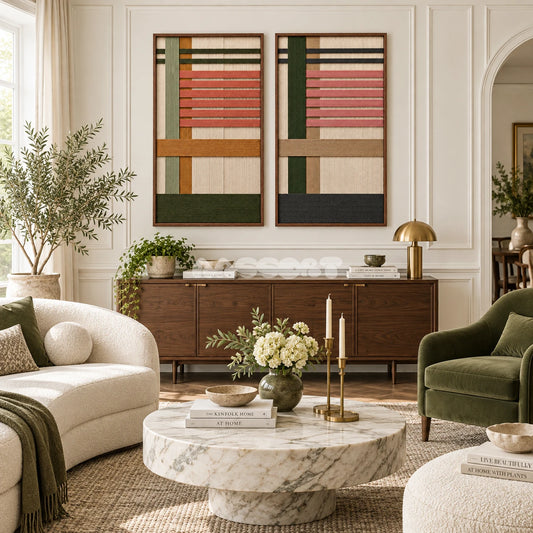 Belmont Garden two-panel framed fiber wall art displayed above a sofa in a bright living room.