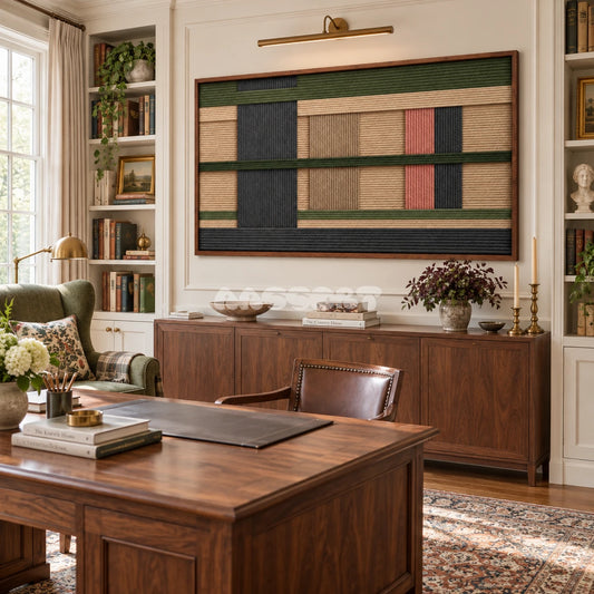 Bergen House horizontal framed fiber artwork displayed above a desk in a home office.