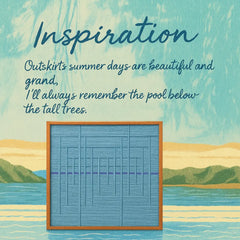 Inspiration graphic for Blue Bridge Over the Pond featuring a twilight bridge motif and the quote “Calm waters beneath the endless sky” to illustrate the artwork’s mood
