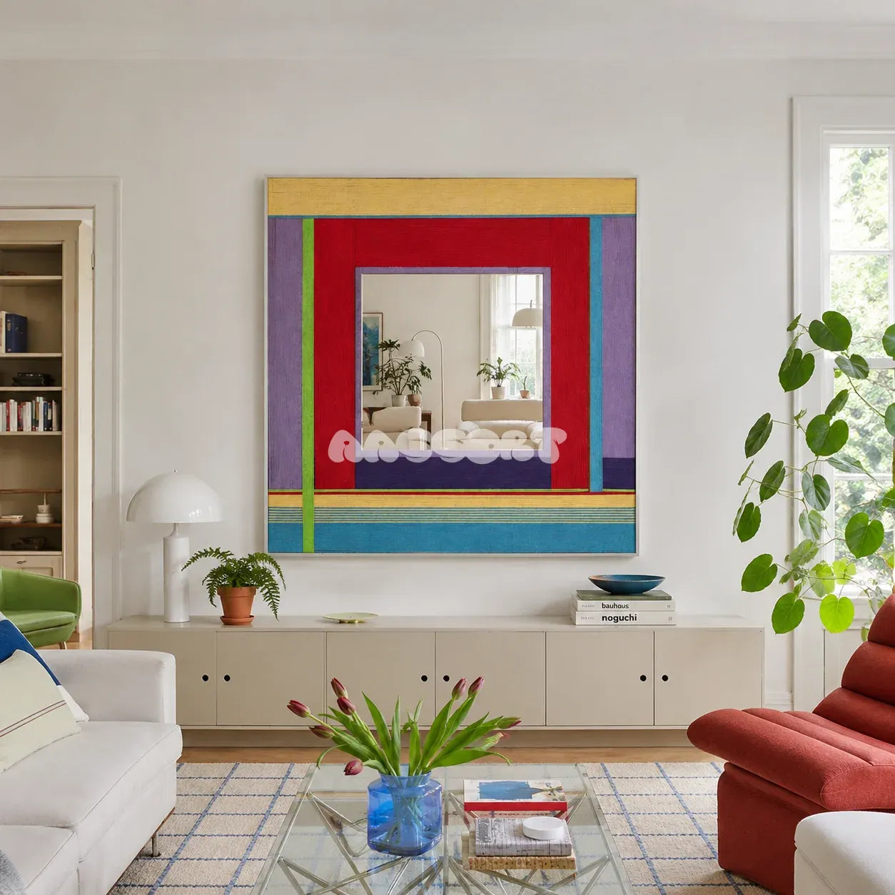 Bohemian Reverie red, lavender, yellow, green, and turquoise yarn-framed mirror displayed above a low cabinet in a colorful living room.