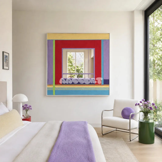 Bohemian Reverie red, lavender, yellow, green, and turquoise yarn-framed mirror displayed in a bright modern bedroom.