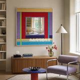 Bohemian Reverie colorful yarn-framed mirror displayed above a wooden cabinet beside a lavender chair in a modern reading area.