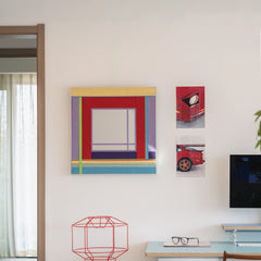 Bohemian Reverie yarn mirror art arranged on a shelf with decorative vases and books, highlighting its modern geometric layout.
