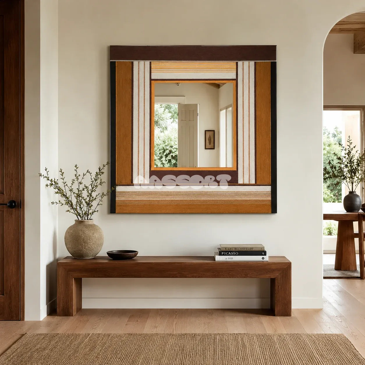 Bread & Coffee brown, cream, caramel, and black yarn-framed mirror displayed above a wood bench in a warm minimalist entryway.