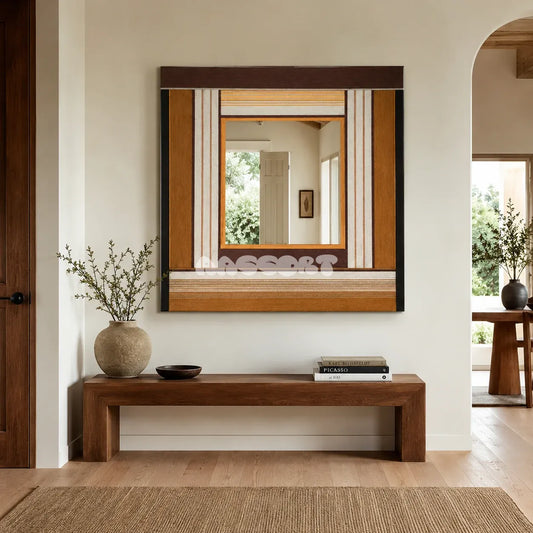 Bread & Coffee brown, cream, caramel, and black yarn-framed mirror displayed above a wood bench in a warm minimalist entryway.