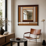 Bread & Coffee warm neutral yarn-framed mirror displayed above a leather chair in a sunlit modern reading corner.