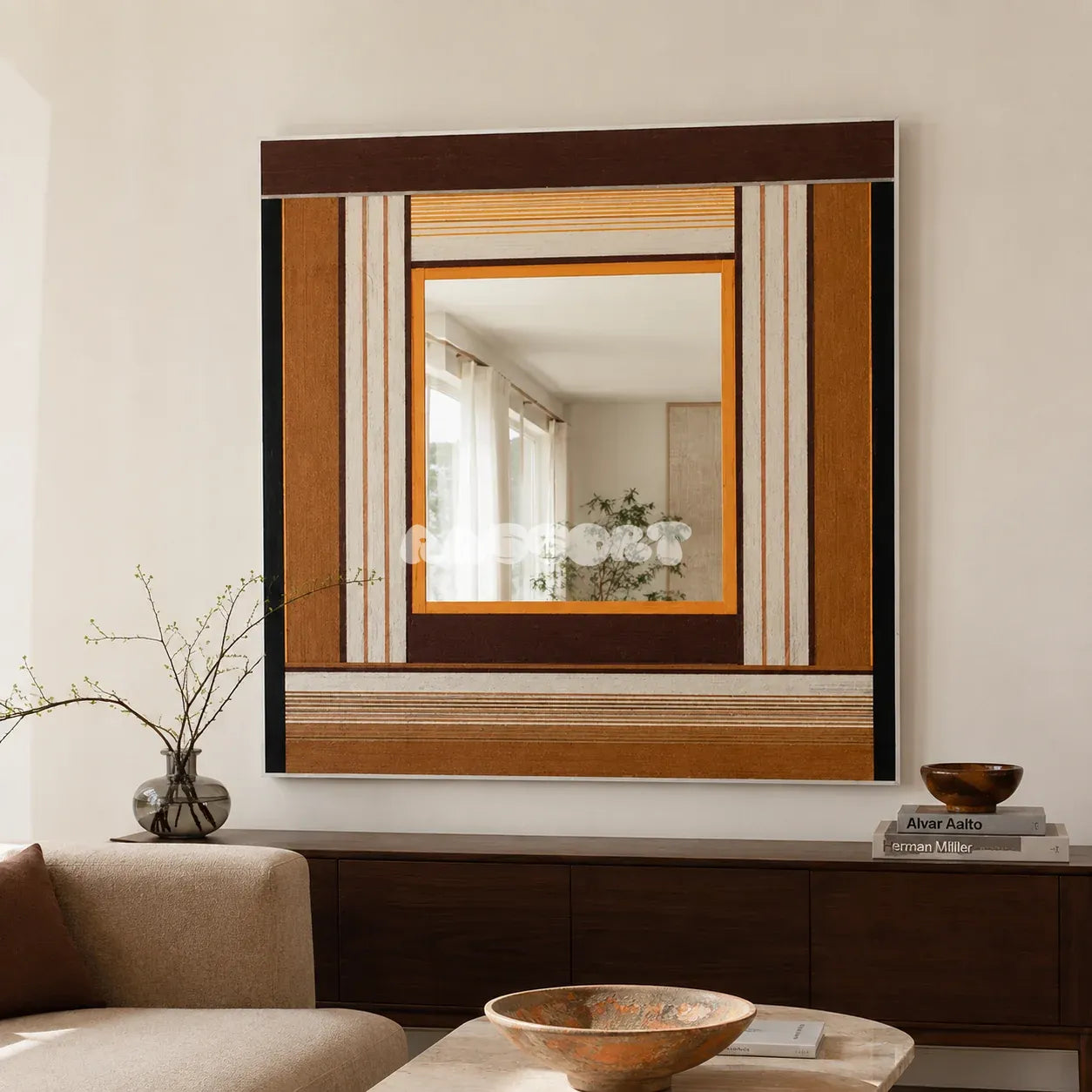 Bread & Coffee brown, cream, caramel, and black yarn-framed mirror displayed above a dark wood sideboard in a modern living room.
