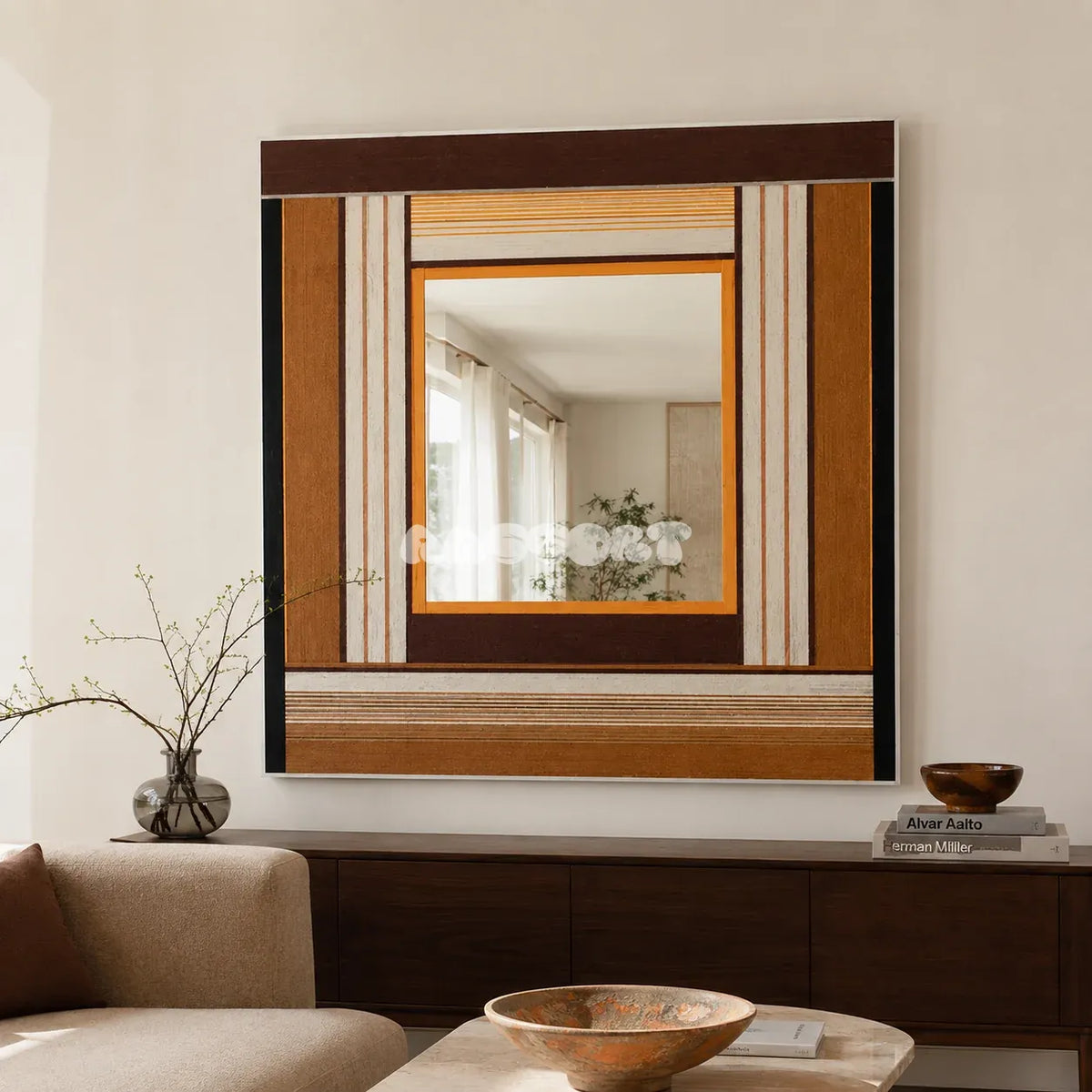Bread & Coffee brown, cream, caramel, and black yarn-framed mirror displayed above a dark wood sideboard in a modern living room.