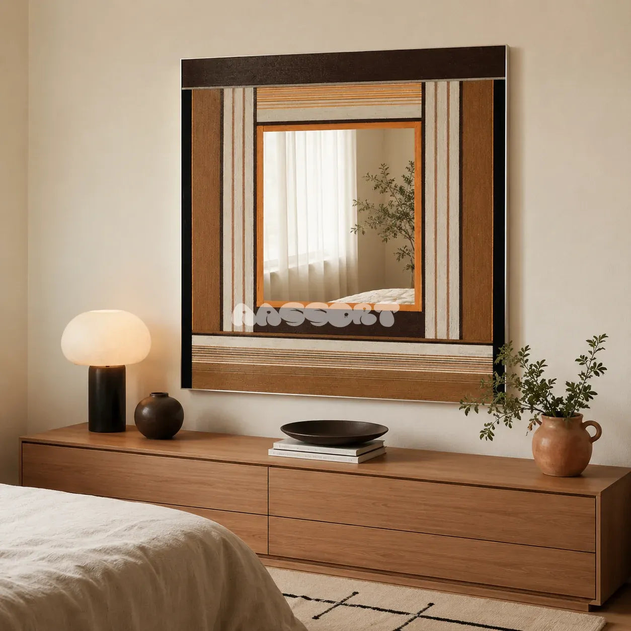 Bread & Coffee brown, cream, caramel, and black yarn-framed mirror displayed above a wood dresser in a serene bedroom.