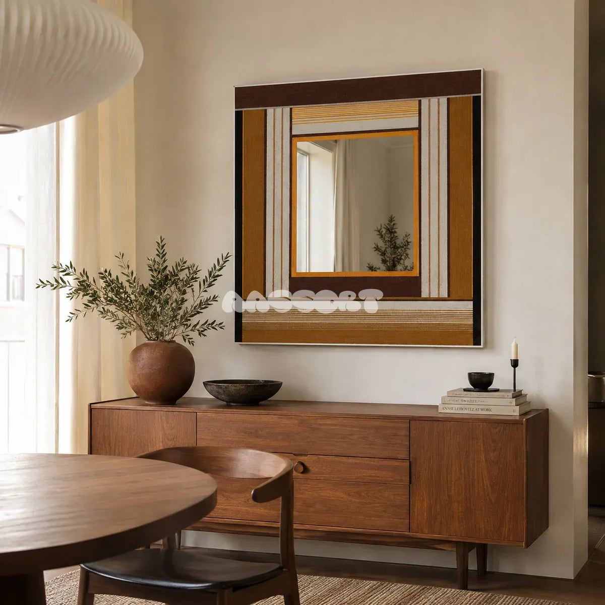 Bread & Coffee warm neutral yarn-framed mirror displayed above a wood sideboard in a cozy modern dining room.