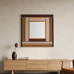 Large hand-woven wool wall art in earthy tones displayed on a minimalist wooden sideboard in a sunlit living room setting.