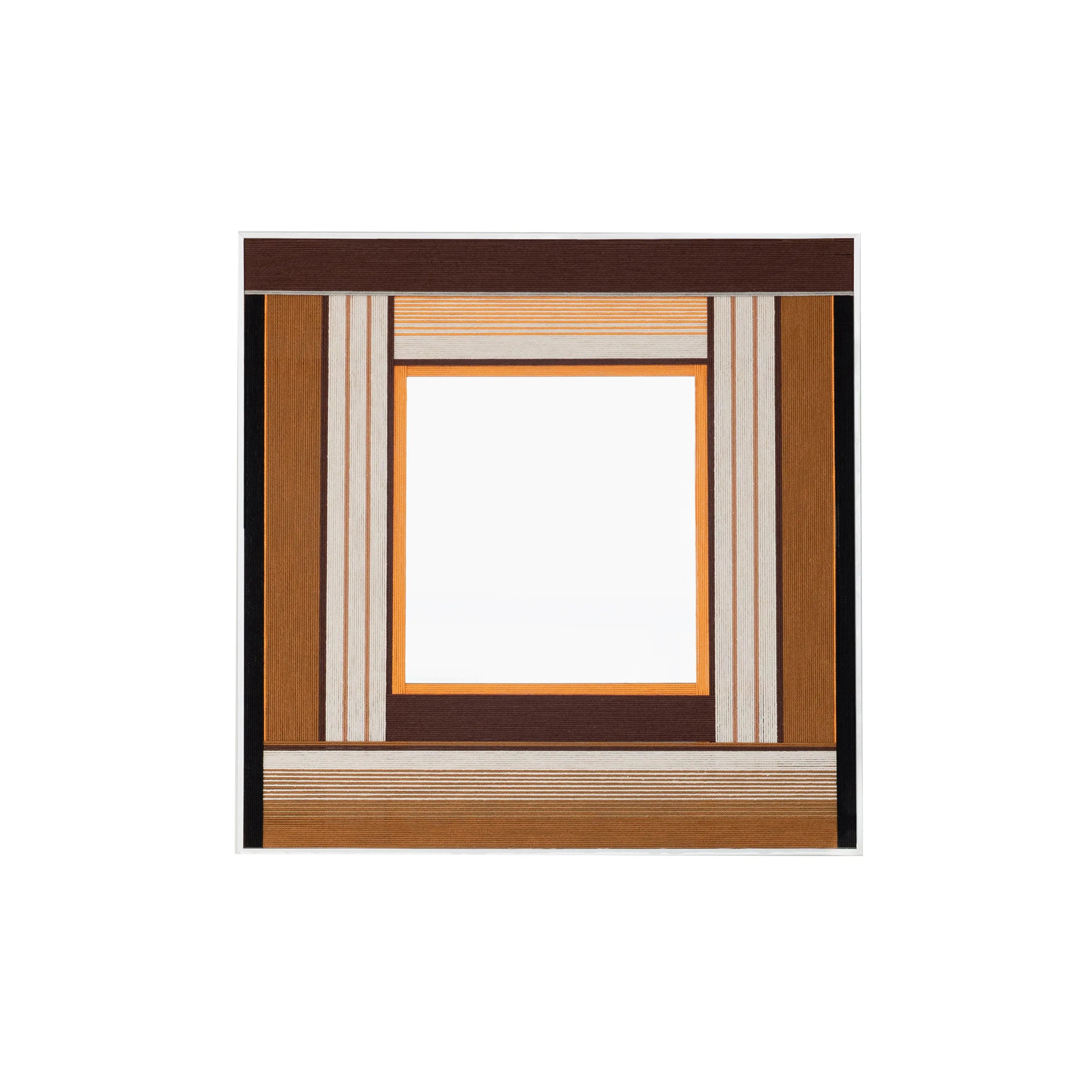Studio front view of the Bread & Coffee wall mirror, showing the geometric arrangement of warm brown, rust, and white hand-woven wool fibers.