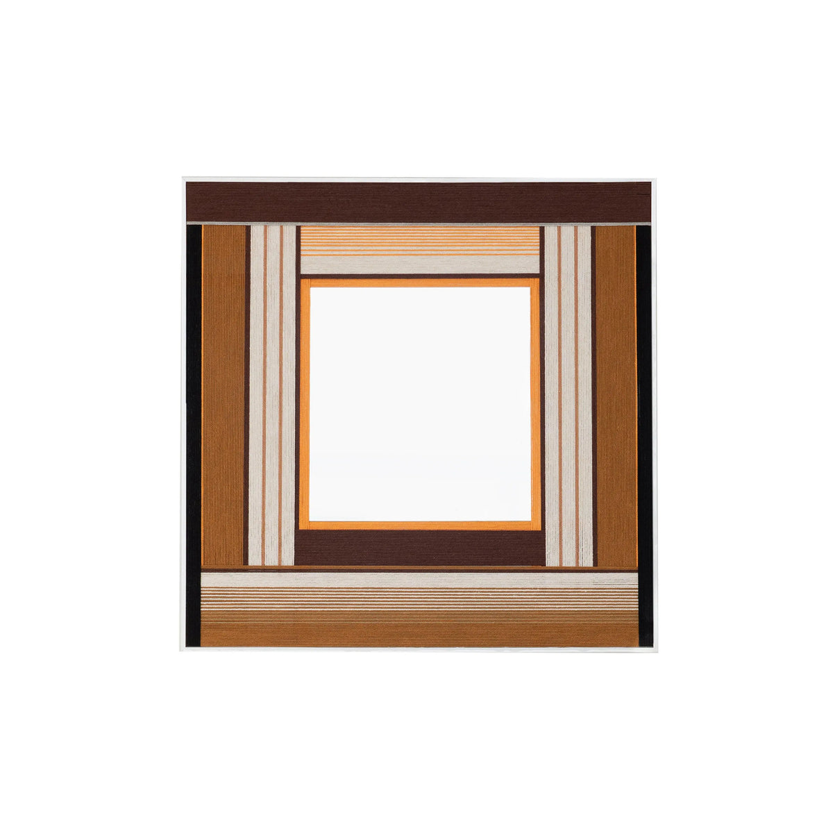 Studio front view of the Bread & Coffee wall mirror, showing the geometric arrangement of warm brown, rust, and white hand-woven wool fibers.