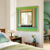 Breathing Like Fresh Grass colorful yarn-framed mirror displayed beside a wooden bed in a fresh modern bedroom.