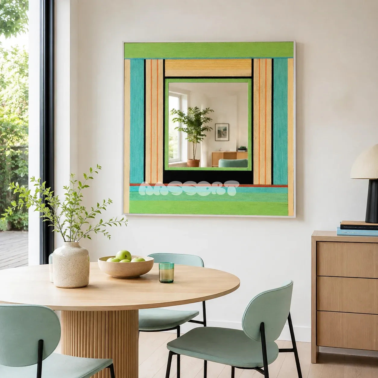Breathing Like Fresh Grass green and aqua yarn-framed mirror displayed above a round table in a bright modern dining room.