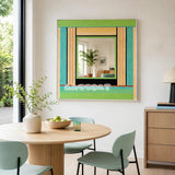 Breathing Like Fresh Grass green and aqua yarn-framed mirror displayed above a round table in a bright modern dining room.