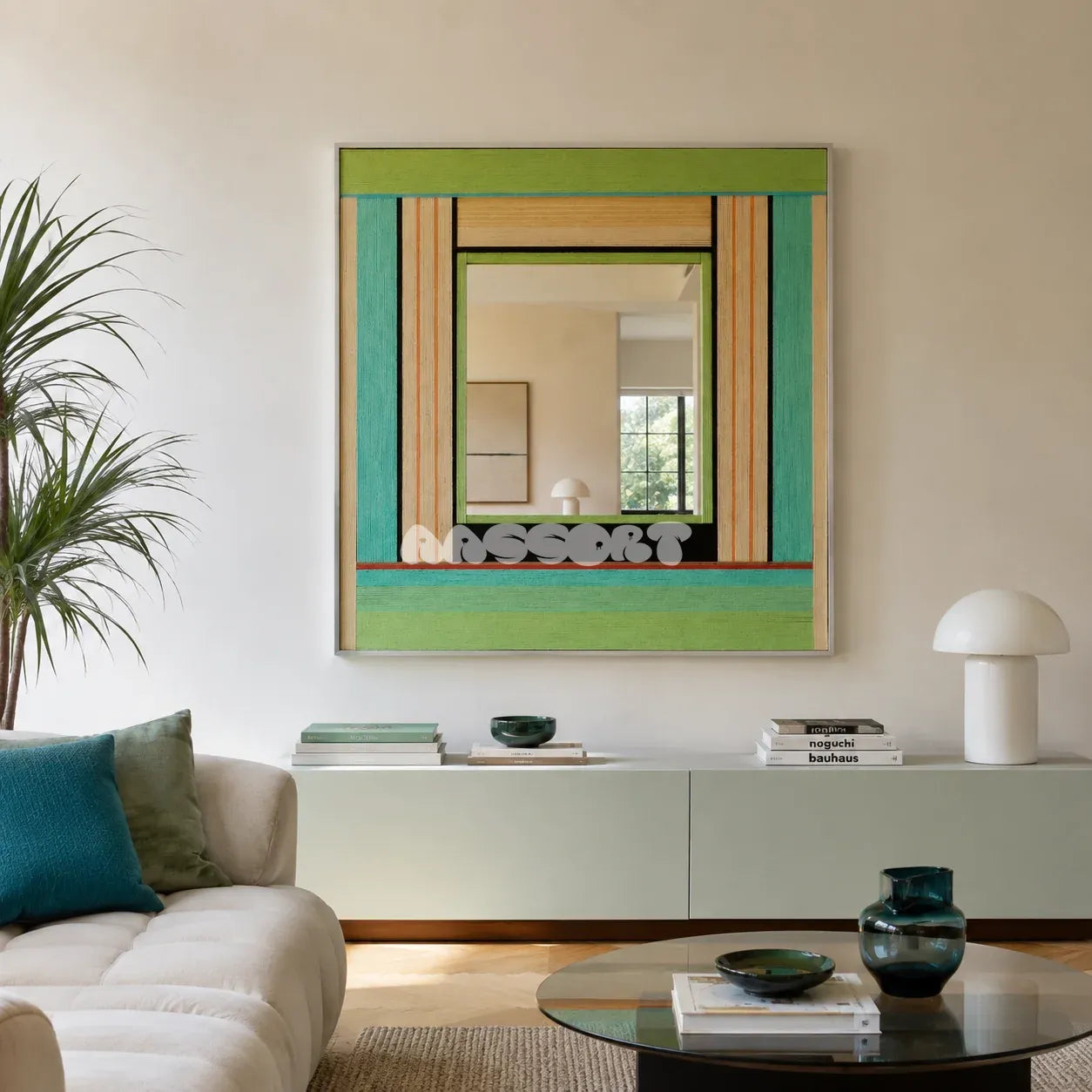 Breathing Like Fresh Grass colorful yarn-framed mirror displayed above a pale green console in a calm modern living room.