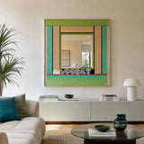 Breathing Like Fresh Grass colorful yarn-framed mirror displayed above a pale green console in a calm modern living room.