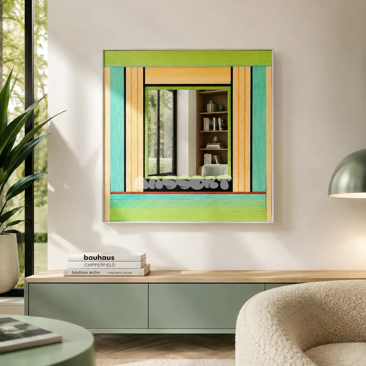 Breathing Like Fresh Grass green, aqua, tan, and black yarn-framed mirror displayed in a sunlit modern living room.