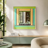 Breathing Like Fresh Grass green, aqua, tan, and black yarn-framed mirror displayed in a sunlit modern living room.