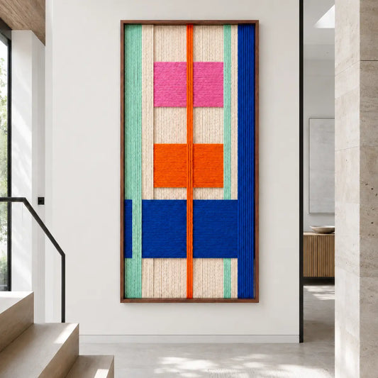 Modern hallway interior showcasing the large vertical framed hand-woven wool tapestry featuring geometric blocks of color against a neutral wall.