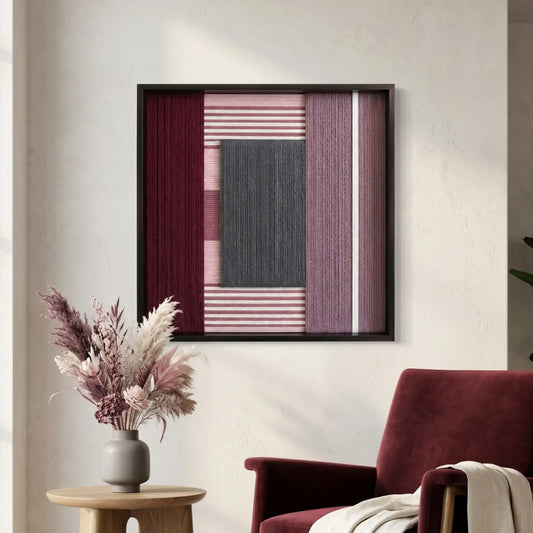 Sophisticated framed wool wall art displayed in a lounge area above a side table with pampas grass and a burgundy velvet chair.