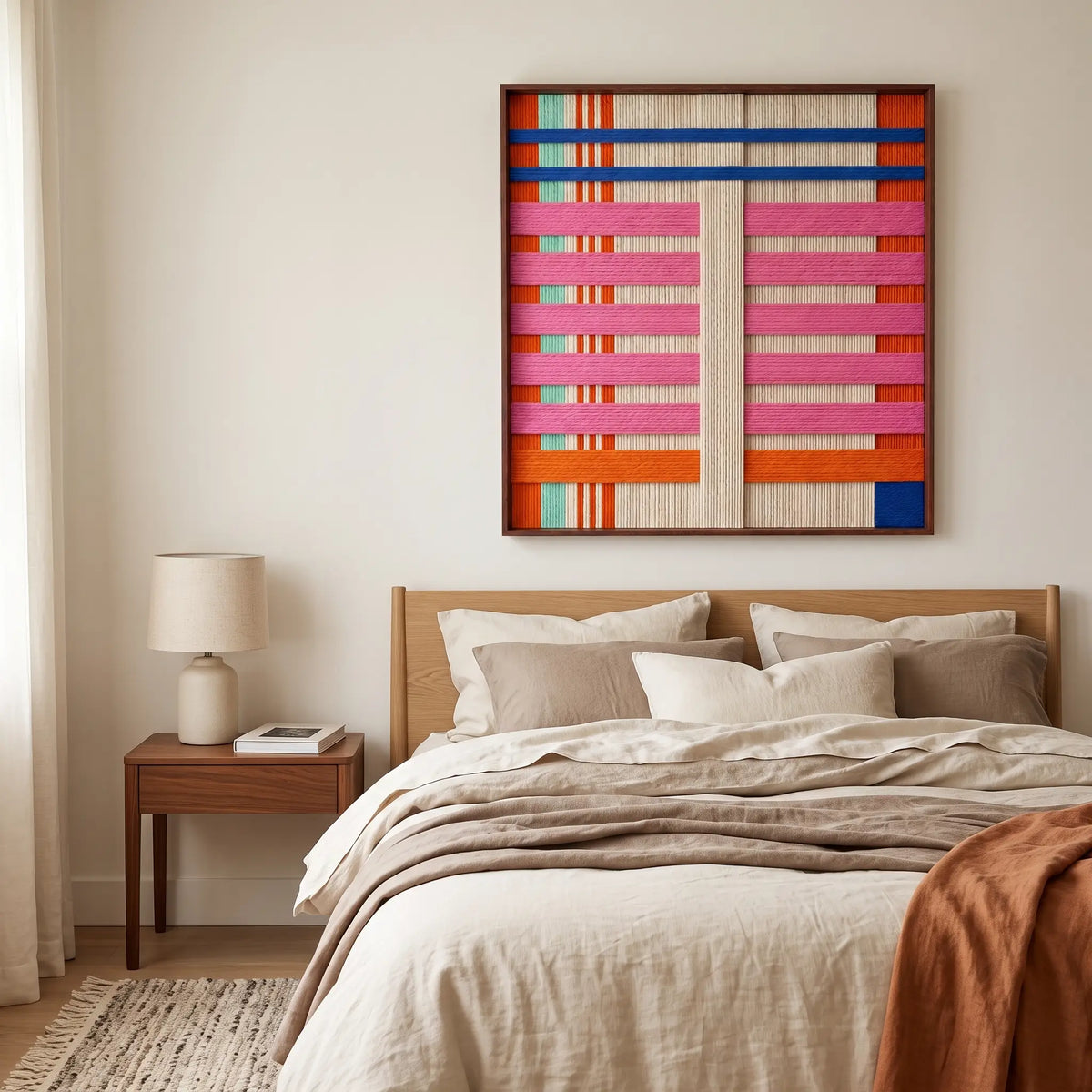 Serene bedroom interior featuring the California Afterglow soft cotton cord fiber artwork mounted above a wooden bed frame with earth-toned bedding.
