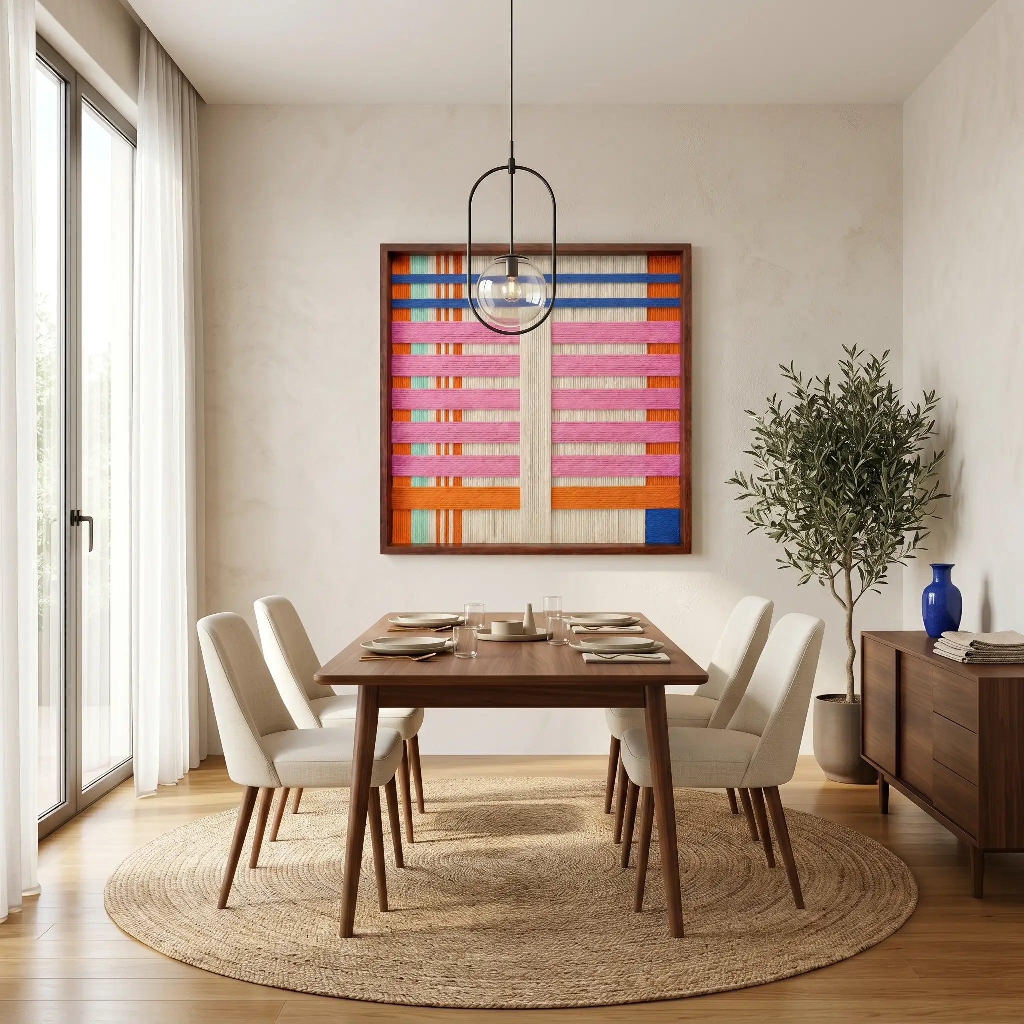 Square colorful textured wool art creating a bright focal point in a contemporary dining room with a round wooden table and light beige chairs.