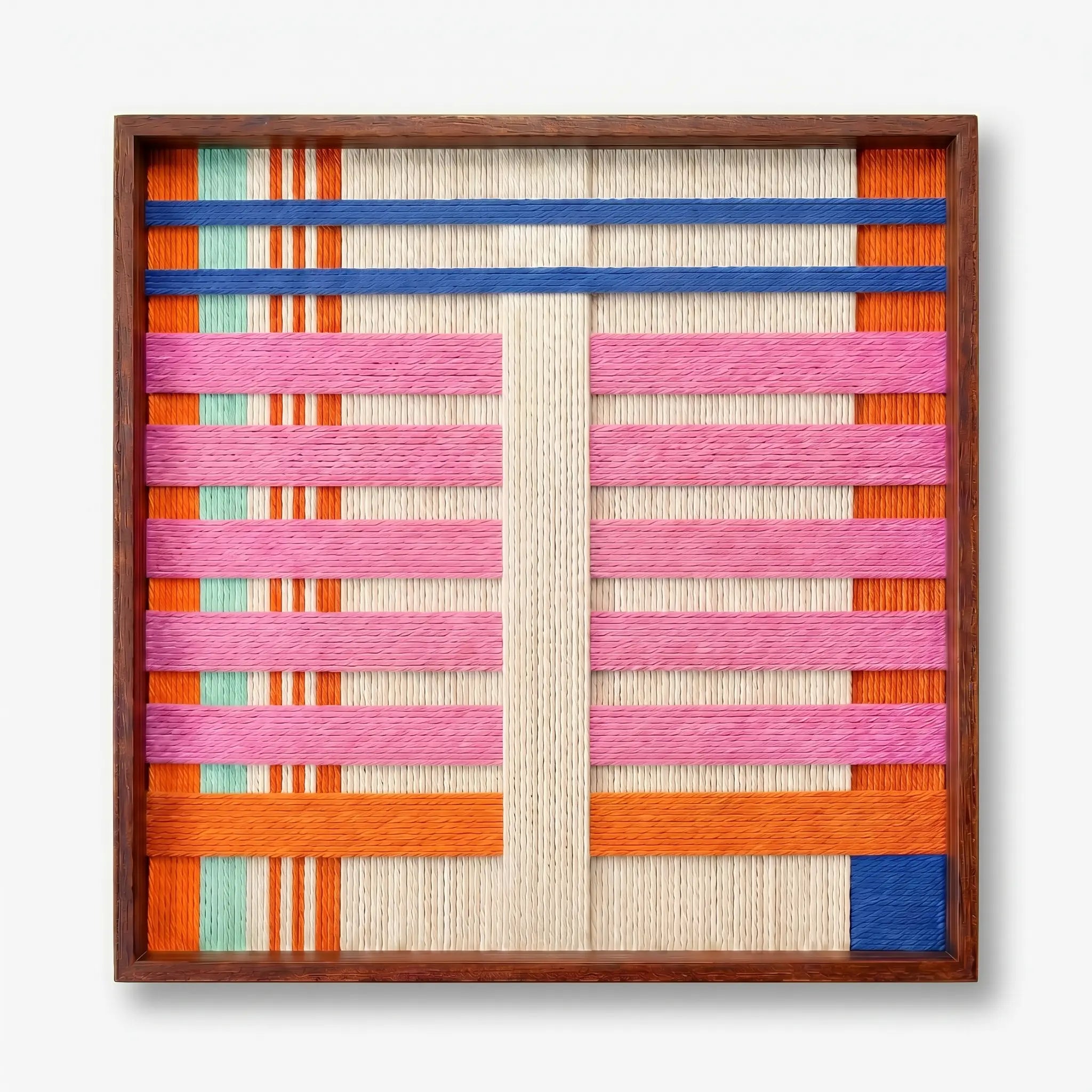 Frontal studio shot of the California Afterglow hand-woven wool wall art featuring colorful geometric patterns in a wooden frame against a clean white background.