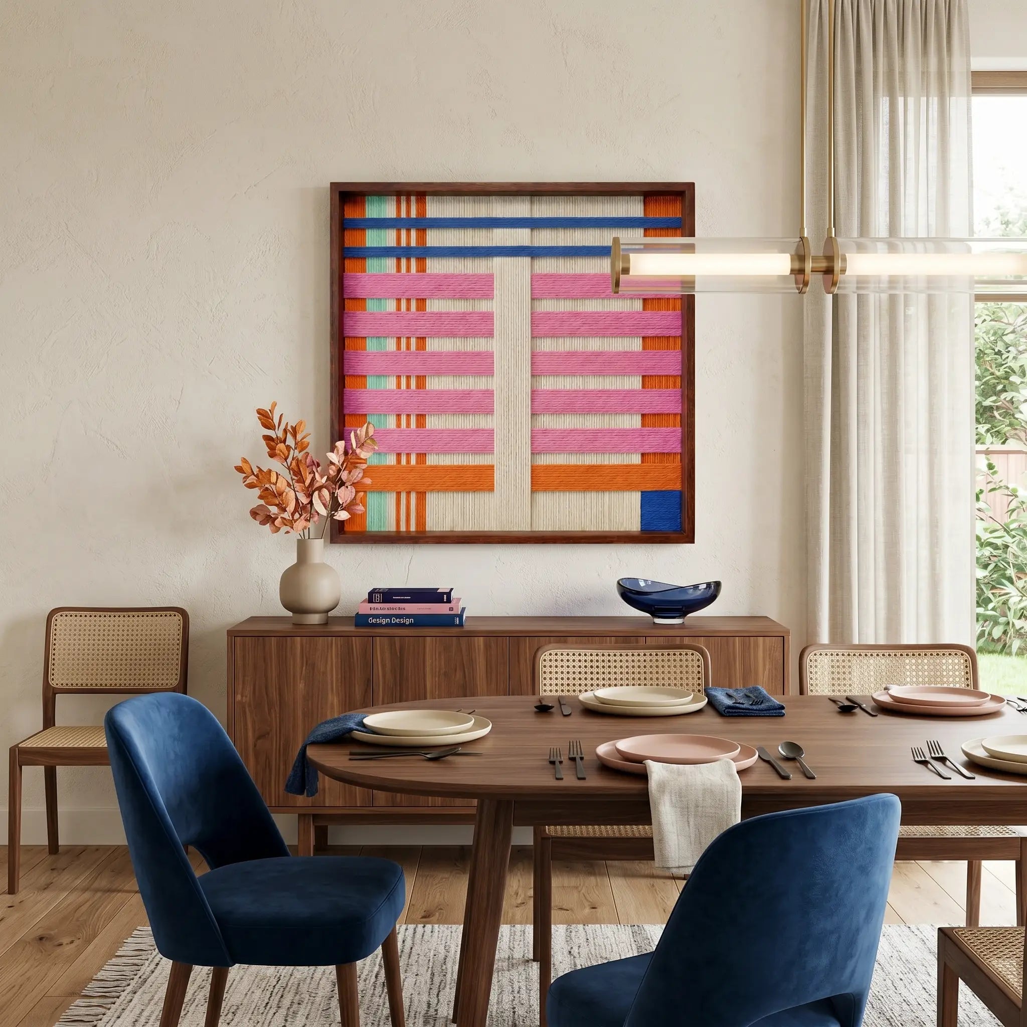Colorful California Afterglow fiber wall art hanging above a wooden credenza in an open dining space featuring a round table and blue velvet chairs.