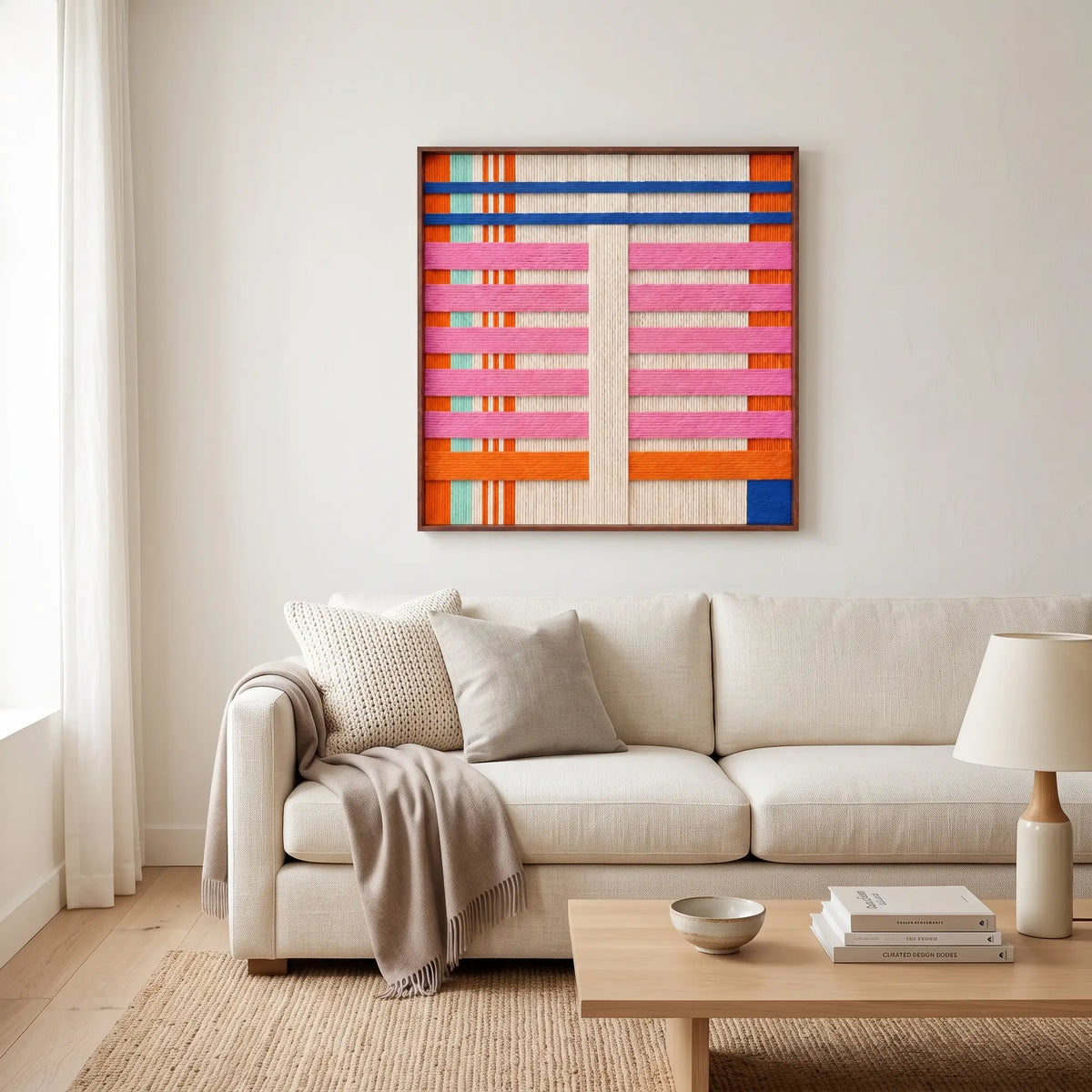 Bright modern living room with the California Afterglow soft cotton cord fiber artwork hung elegantly as a centerpiece above a soft white sofa.