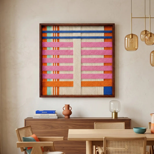 Framed vibrant textured wool wall art styled above a mid-century modern wooden sideboard in a warm, sunlit interior space.