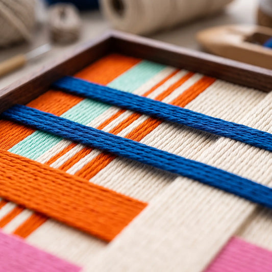 An angled close-up of the California Rhythm hand-woven wool tapestry showing vibrant orange, pink, and blue fiber art details.