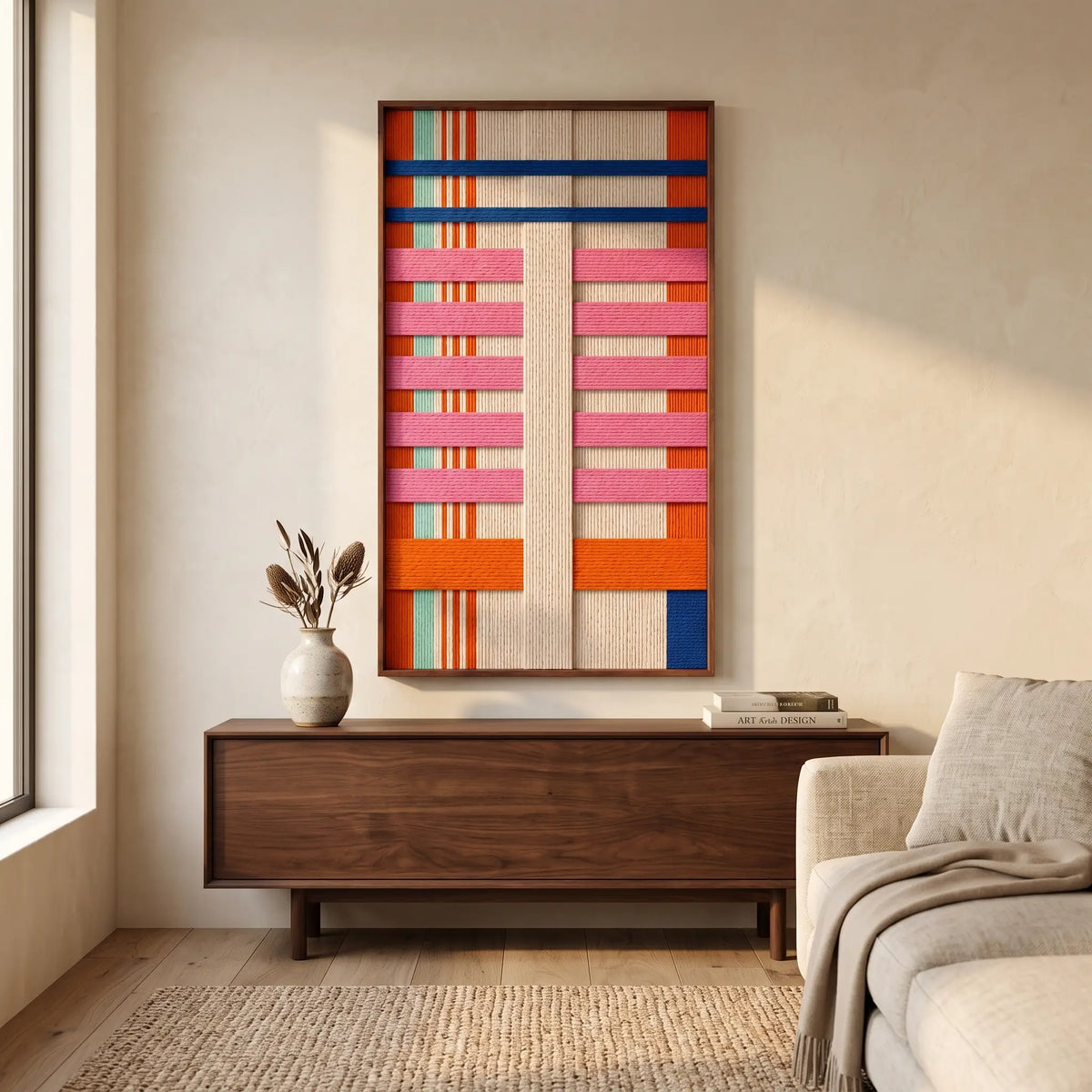California Rhythm framed hand-woven wall art hanging above a dark wooden sideboard in a sunlit living room setting.