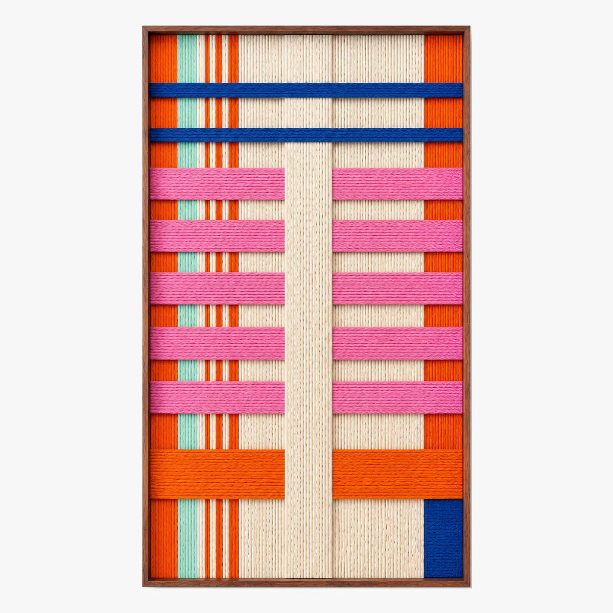 Frontal studio shot of the California Rhythm rectangular hand-woven wool tapestry with bold geometric patterns in a frame.