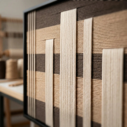 Angled close-up of the framed Canyon Whispers hand-woven tapestry showcasing the dimensional cream vertical stripes against a brown and tan striped background.