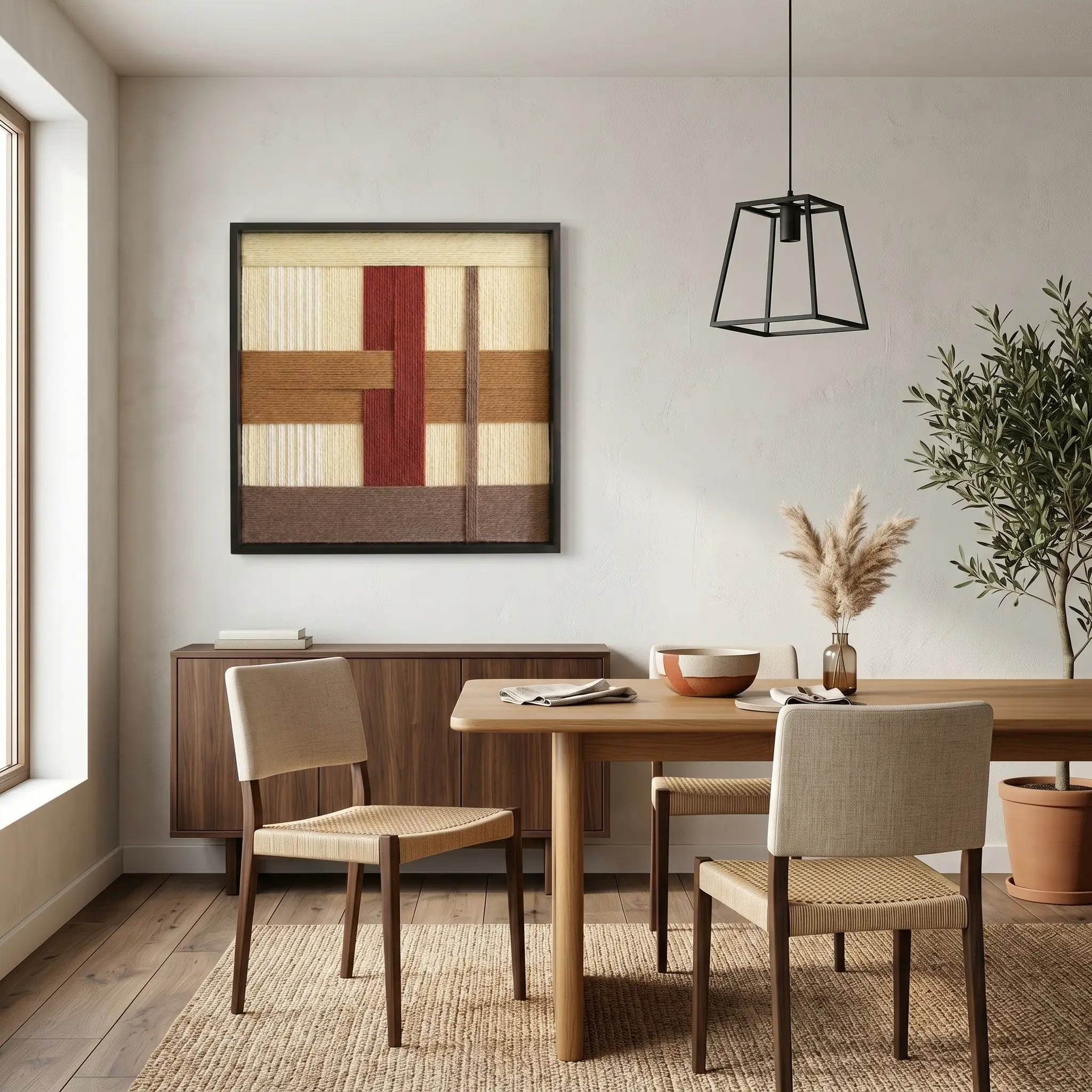 Textured wool wall art styled in a contemporary dining room above a minimalist wooden sideboard and dining table set.